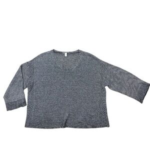 Eileen Fisher 100% Organic Linen Black Cream Striped Round Neck Contrast Trim MP